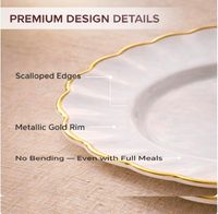 50 Assiettes en Plastique Blanches Festonnées avec Bordure Dorée pour 25 Personnes, Style Moderne et Luxueux pour Mariages et Événements