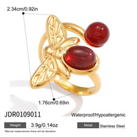 Bague ouverte réglable de style victorien J&D, en acier inoxydable, avec agate rouge, abeille et pierre cabochon, bijou statement inspiré de la nature