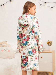 Mamá y yo hija pijamas ropa estampado Floral con capucha cinturón salón dormir Bata - Product Image 6