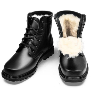 Bottes de neige en cuir noir pour homme, talon moyen, doublure en laine chaude, imperméables, bottes d'hiver pour l'extérieur, lacets avant, couleur unie - Product Image 1