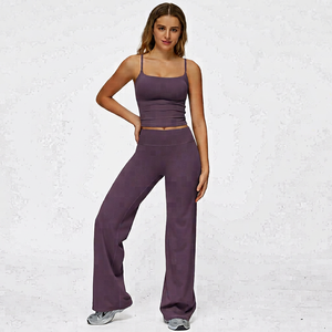 Women Plus Size <b>Lace</b> <b>Elastic</b> Waist Loose-Fit Seamless Yoga Set Wide Leg Pants Sports Bra 2-Piece Activewear Four-Way Stretch - Product Image 1