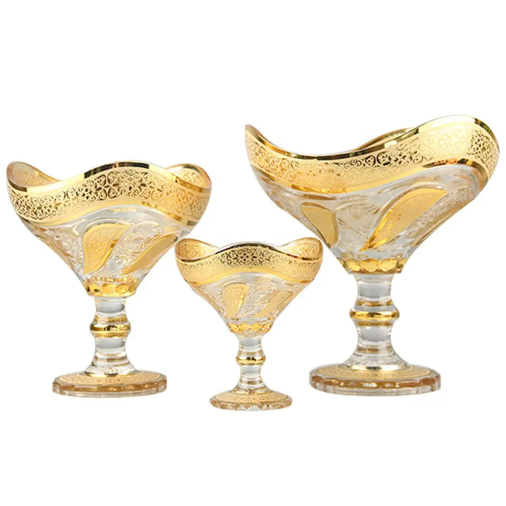Luxury Gold Pattern Gilded High Foot Arabic Dry Fruit Plates Home Decoration Fruit Cake Plate Wedding Fruit Glass Plate