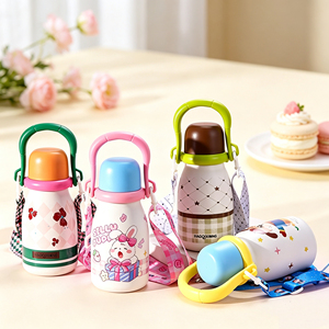 650ml Cute Cartoon <b>Kids</b> Vacuum Insulated Water Bottle With Big Carry Handle Crossbody Strap Straw Portable Children Drinking <b>Cup</b> - Product Image 1