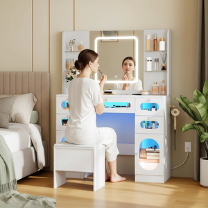 Table de toilette moderne blanche avec miroir éclairé <span class=keywords><strong>et</strong></span> prises, 3 couleurs avec luminosité réglable, tables de toilette avec tiroirs - Product Image 1