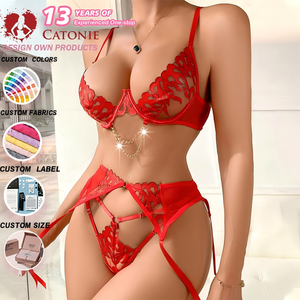 Set Lingerie Sexy in Pizzo Floreale Ricamato, Sottile, Trasparente, con Ferretto e Push-up, con Reggicalze, 3 Pezzi, <span class=keywords><strong>Rosso</strong></span>, da <span class=keywords><strong>Donna</strong></span> - Product Image 3