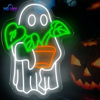Enseigne néon LED monochrome en forme de fantôme mignon tenant une plante en pot, alimentée par USB, murale, 3D, pour chambre et fleuriste