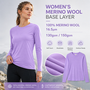 Women's Merino <b>Wool</b> <b>Base</b> <b>Layer</b> Long Sleeve Top 100% Natural Soft Breathable Crew Neck Slim Fit Outdoor Ready Purple - Product Image 1