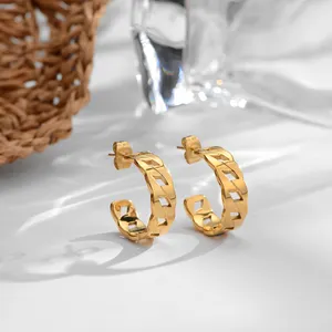 Versatile 18K Gold Plated Hollow Chain Earrings Women Personalized Woven Stainless Steel Pearls Anniversary