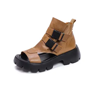 2023 Women Roman Platform Sandal Fish Mouth Thick Bottom Handmade Genuine Leather Vintage Lady Summer sandals shoe