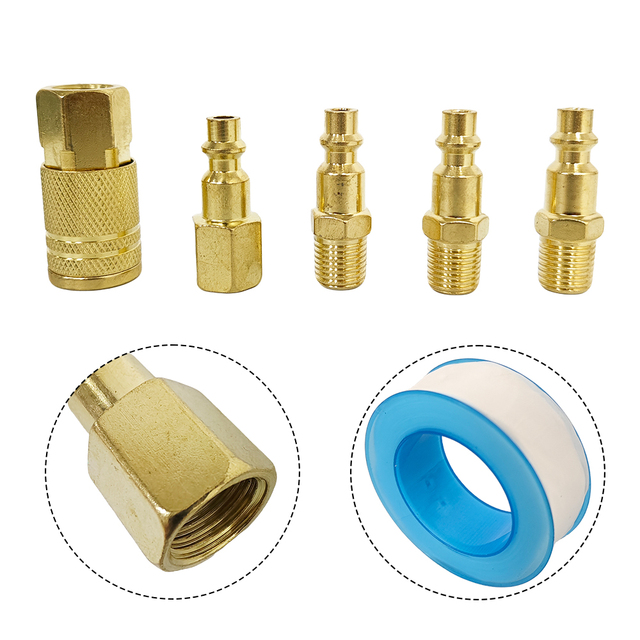 Quick Release Air Hose Connectors, 1/4" NPT Industrial Grade, Set of 4 Plugs 1 Socket and Thread Seal Tape, Easy to Use