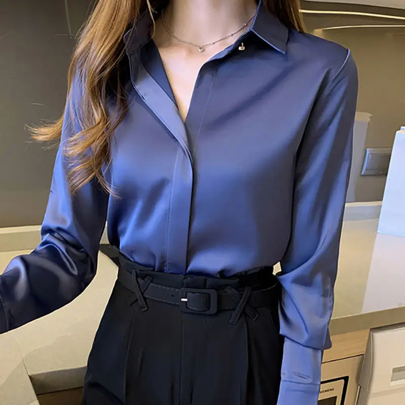 Vrouwen Wit Shirt Vrouwen Lange Mouw Shirts Blouse Office Lady Satijn Zijden Blouse Tops Plus Size Dames Blouses & Shirts