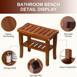 Tabouret de salle de bain double couche en teck, banc de douche en bois massif avec rangement pour adultes et enfants - Product Image 3