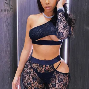 Women Lace 2 Piece Set Long Sleeve Crop Top High Waist Full Pants Hollow Out See Through Sheer Club Party Outfits