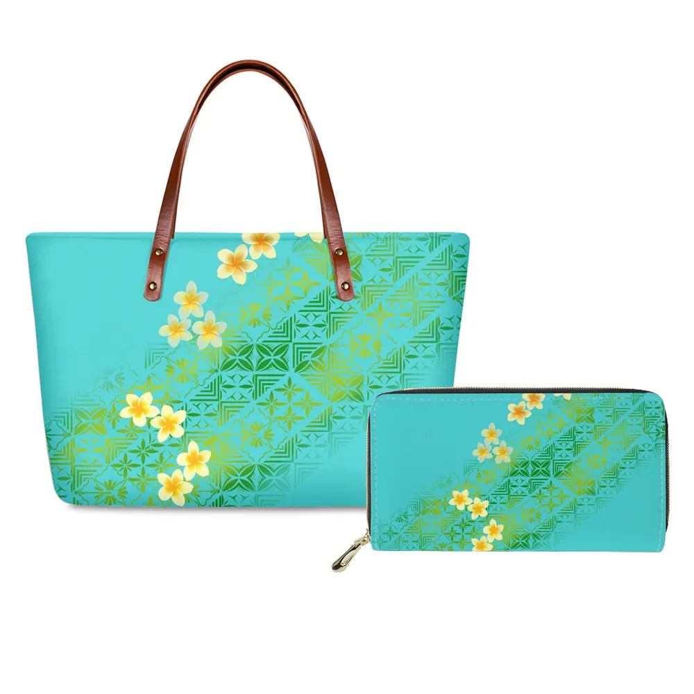 Wholesale Custom Ladies Fashion Handbags for women Polynesian Blue Tribal Samoan Plumeria Print bag Purses And Handbags Set 2pcs
