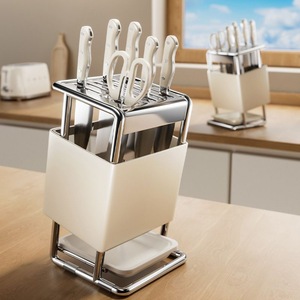 Portacuchillos de acero inoxidable, 10 piezas, bloque giratorio para cuchillos con escurridor, para almacenamiento en encimera de cocina. - Product Image 1