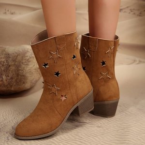 Bottines à talon épais pour femme, style western <span class=keywords><strong>cowboy</strong></span>, avec découpes étoilées et ajourées, courtes, <span class=keywords><strong>beige</strong></span> marron - Product Image 6