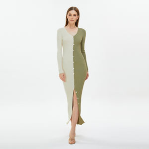 2024 all'ingrosso della fabbrica su misura con cuciture <span class=keywords><strong>Beige</strong></span> verde con scollo a coste lavorato a <span class=keywords><strong>maglia</strong></span> con matita Midi da donna abito Silhouette per l'inverno - Product Image 3