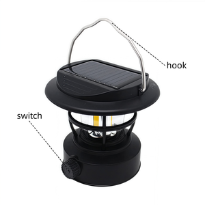 Luz de campamento de carga <span class=keywords><strong>solar</strong></span> con atenuación de perilla | Linterna negra vintage con asa colgante para tienda de campaña, jardín y uso al aire libre - Product Image 2