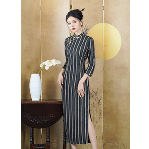 2023 Tang Zhi <span class=keywords><strong>Lian</strong></span> Retro negro Cheongsam vestido para mujer nuevo estilo chino manga larga versión de otoño ropa informal de mujer - Product Image 4
