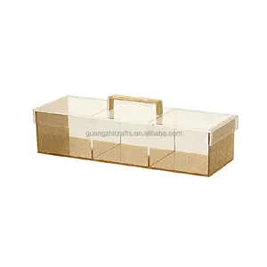 आदर्श घरेलू उपहार गोल्ड ऐक्रेलिक 3 कम्पार्टमेंट डिश बॉक्स ल्यूसाइट 3 डिश बॉक्स ढक्कन के साथ