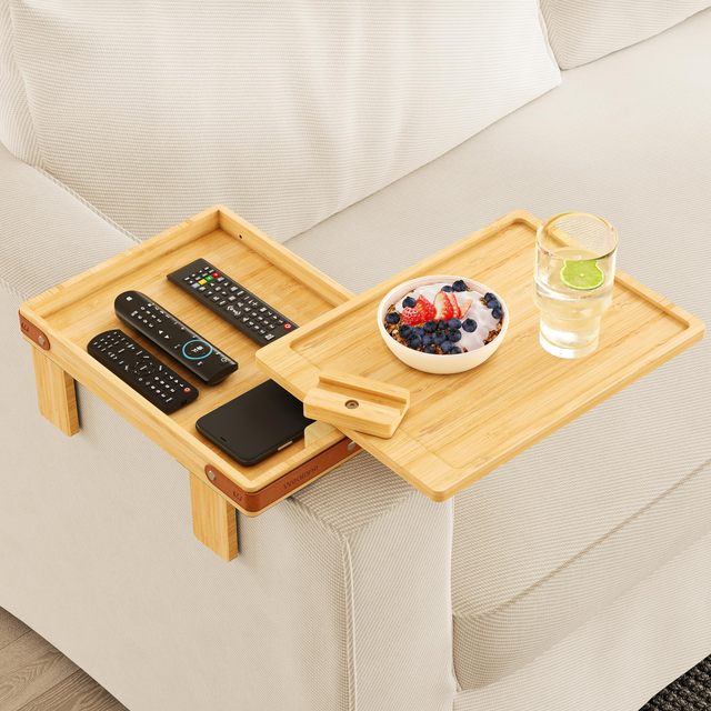 Bamboo Sofa Armrest Tray With Storage Box Bamboo Couch Arm Table With Rotating Tabletop and Phone Stand Sofa Arm Clip Table