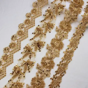 African Sewing Bridal Wedding Gold Guipure Sequined Narrow Flower Mesh 3d Beaded Lace Trimming Fabric For Wedding Dress