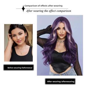 Perruque complète synthétique pour femme, longue, bouclée, ondulée, avec mèches violettes, fabriquée à la machine, sans dentelle - Product Image 2