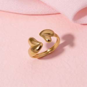 バレンタインデー ヴィンテージ ウェディング 婚約指輪 カフ ゴールド ダブルハート ステンレススチール プロミス レディース バンド 指輪 - Product Image 6