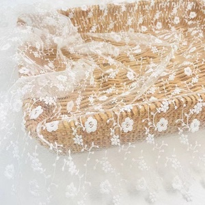 In Stock White Floral Knitted French Elastic Tulle <strong>Lace</strong> <strong>Fabric</strong> for Lingerie and Clothes - Product Image 1