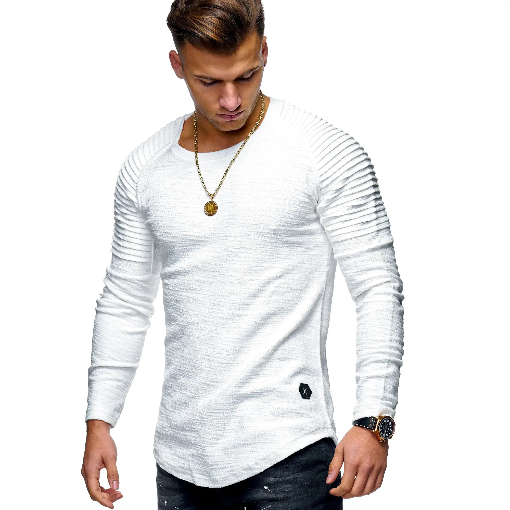 Camiseta de manga larga para hombre, de venta al por mayor, cuello redondo, ajustada, de color sólido