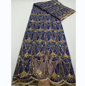 3811 blu Navy paillettes africano maglia Tulle tessuto di pizzo più recente Tulle francese lacci per il pizzo nigeriano per le donne abiti da festa cucire - Product Image 1