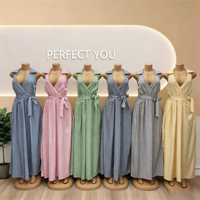 Neues Sommerkleid für Damen: Süßes, umweltfreundliches, rückenfreies, bodenlanges Kleid mit V-Ausschnitt, Taillenband und schulterfreien Ärmeln im Casual-Stil