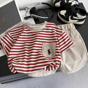 Conjunto de <span class=keywords><strong>Ropa</strong></span> de Verano 2025 para Niños, Informal, de Dos Piezas, con Cuello a Rayas, Manga Corta y Pantalones Cortos, de Algodón, a la Moda - Product Image 2