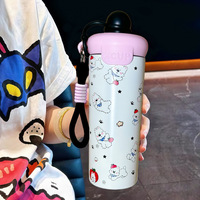 Mugs à café portables 20oz 600ml en acier inoxydable à double paroi, isolés sous vide, pour boissons chaudes et froides, avec paille et couvercle anti-poussière, motif dessin animé mignon