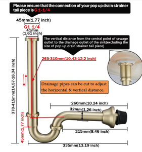 Sifão de Pia de Banheiro em Latão Tipo <span class=keywords><strong>U</strong></span> 1-1/4 polegadas com Tubo de Extensão de Junta Deslizante, Kit de Drenagem de Pia com Altura Ajustável, Escovado - Product Image 5