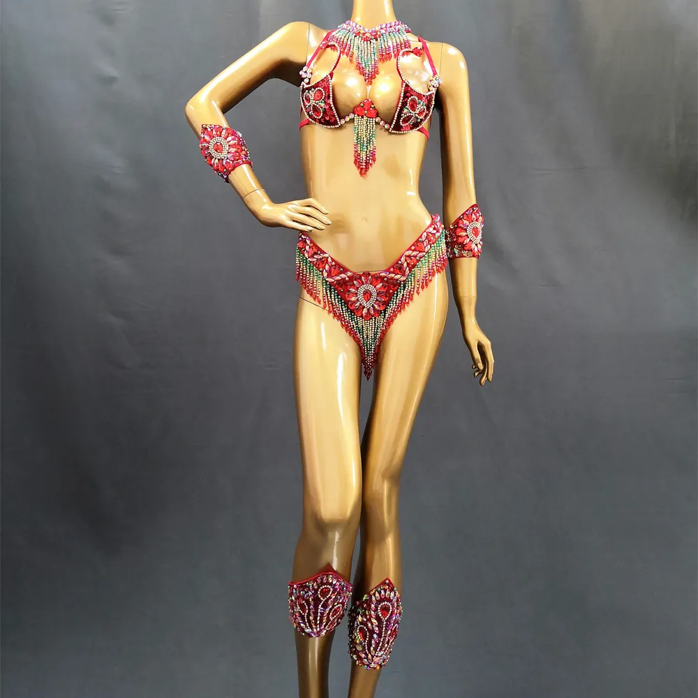 Seksi Samba karnaval kostümleri el yapımı boncuklu sütyen ve tanga seti kadın kıyafeti oryantal dans elbise gece kulübü parti Showgirl dans giyim