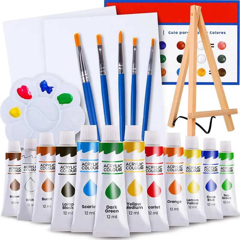 Kit Pintura Inclui Conjunto Tinta Acrílica, Teles, Pincéis, Paleta e Mais