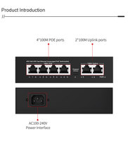 Switch PoE de 6 Puertos 10/100M, Switch de Red Metálico con Soporte VLAN, 2 Puertos Uplink IEEE802.3af/at, Alimentación por Ethernet para Cámaras IP
