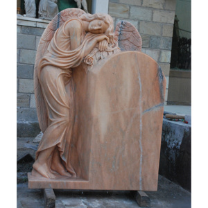 ป้ายหลุมศพหินอ่อนสีแดงเรืองแสงพระอาทิตย์ตกพร้อมรูปปั้นเศร้านางฟ้าพร้อมหัวลงหลุมฝังศพ - Product Image 2