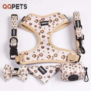 Hot selling durable mesh dog harness vest padded puppy adjustable dog harness bandana bowknot poop bag pet collar and leash set
