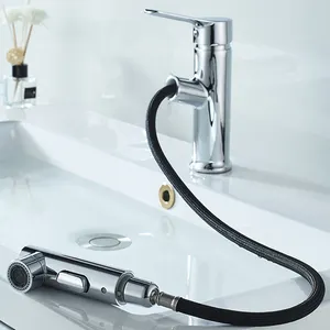 Bathroom Sink Faucet With Pull Out Sprayer Lavatory Single Handle Basin Mixer Tap For Hot And Cold