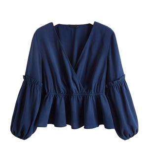 เสื้อผู้หญิงแบบสวม คอวี แขนยาวทรงกระบอก แต่งระบาย ผ้าโพลีเอสเตอร์สีพื้น ยี่ห้อ OEM/ODM สไตล์ลำลอง เอวยางยืด - Product Image 2