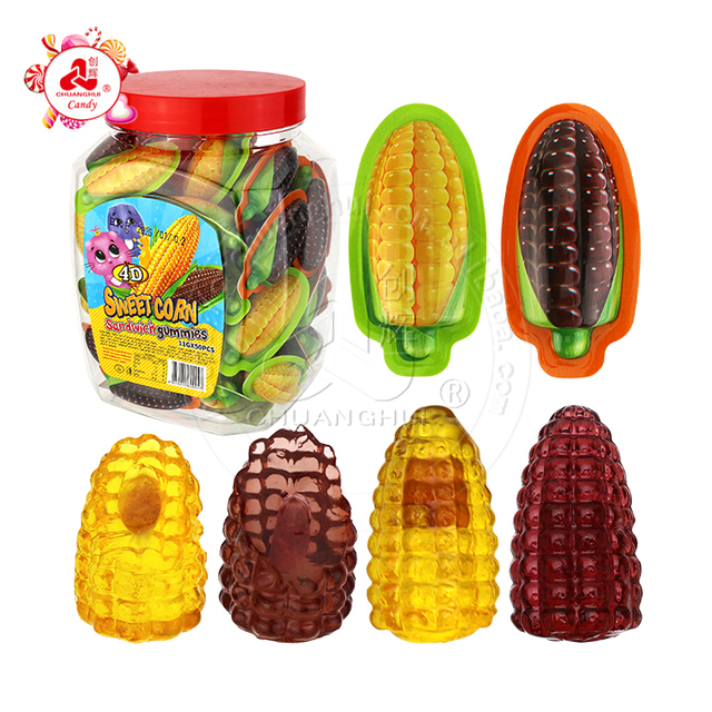 3D Black and Yellow Sweet Corn Shaped Chewy Soft Gummy Candy with Jam Filling