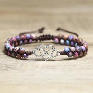 Zierliches lila Meeressediment Jaspis-Armband für Damen Stein Schmuck handgewebt einstellbar Herz-Schirm Stein Perlen-Armband