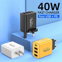 Adaptor Charger Cepat 40W Travel Kompatibel US/EU/UK 2 Port Type-C + 3 Port USB untuk Ponsel, Earphone, Kamera QC3.0