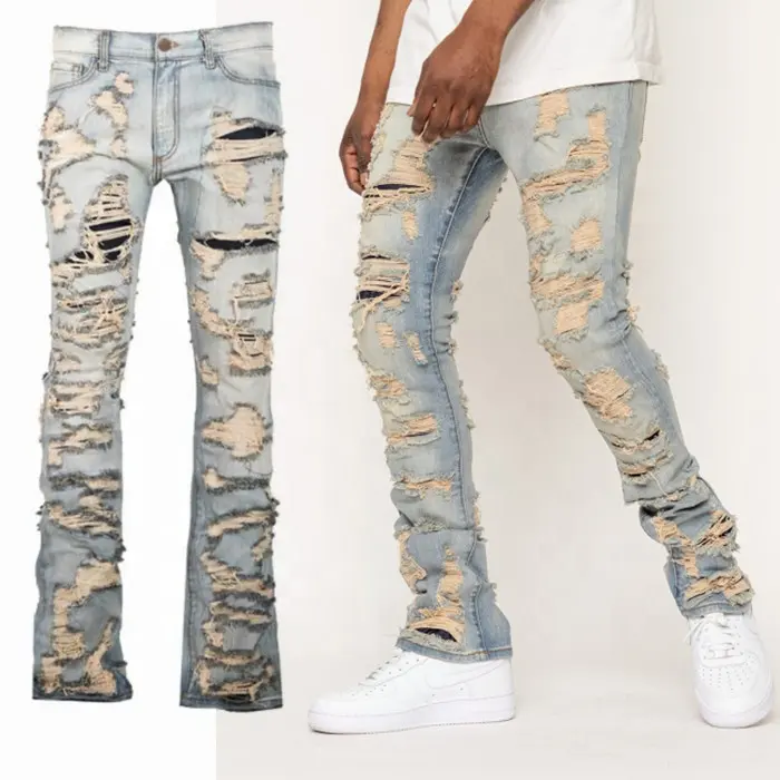 Ropa de calle de alta calidad Hip Hop Vintage Denim Ripped Men Flared Jeans apilados desgastados