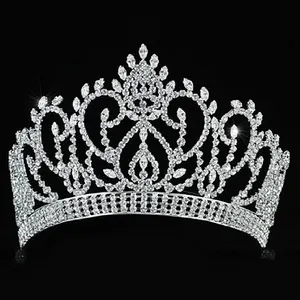 Bán buôn tùy chỉnh cuộc thi lớn Vương miện Trắng Rhinestone vẻ đẹp tinh thể cao Tiara với ánh sáng