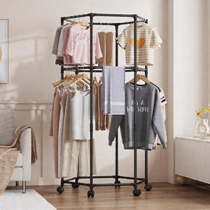 Porte-vêtements hexagonal créatif, mobile, double couche, grande capacité, en métal, sur pied, avec roulettes - Product Image 5
