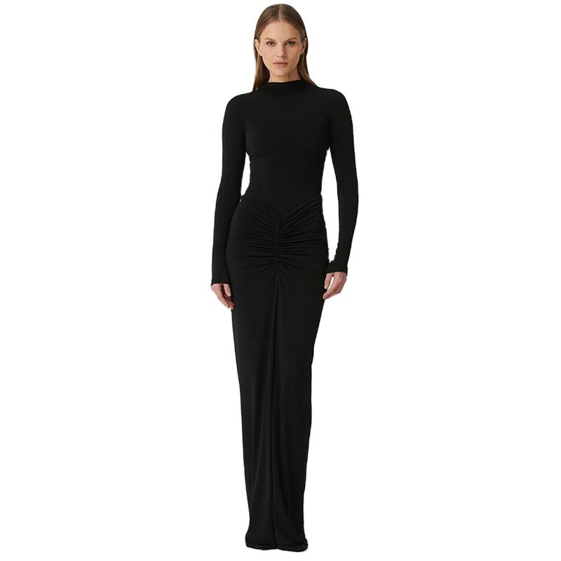 Autumn Winter Women's Maxi Dress Long Sleeve Stand Collar Pleated