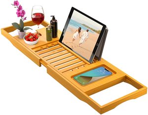 Plateau de bain pliable et extensible en bambou écologique, support de bain durable en bois avec <span class=keywords><strong>porte</strong></span>-tablette pour hôtels et spas - Product Image 1